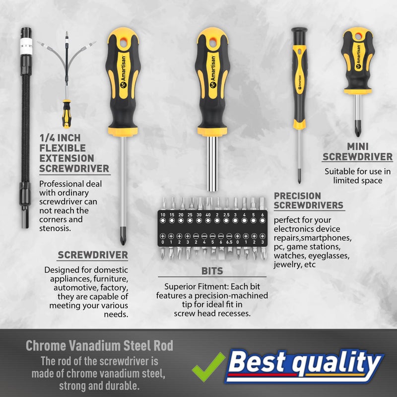Amartisan Magnetic Screwdrivers Set with Case, Amartisan 43-piece Includs Slotted, Phillips, Hex, Pozidriv,Torx and Precision Screwdriver Set, Magnetizer Demagnetizer Tools, Tools for Men - Image 3